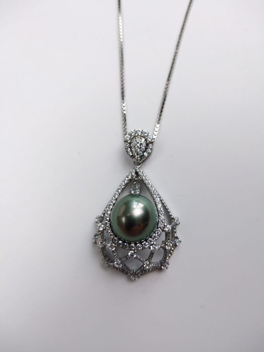 10-11mm Tahitian Pearl  Pendant Chain Necklace925 sterling