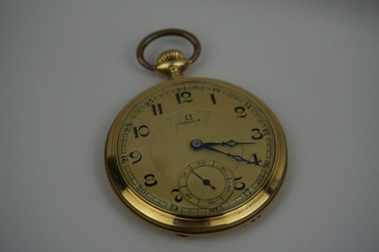 Rare Omega  18k Yellow Gold Pocket Watch Open Face round vintage Swiss c. 1930s